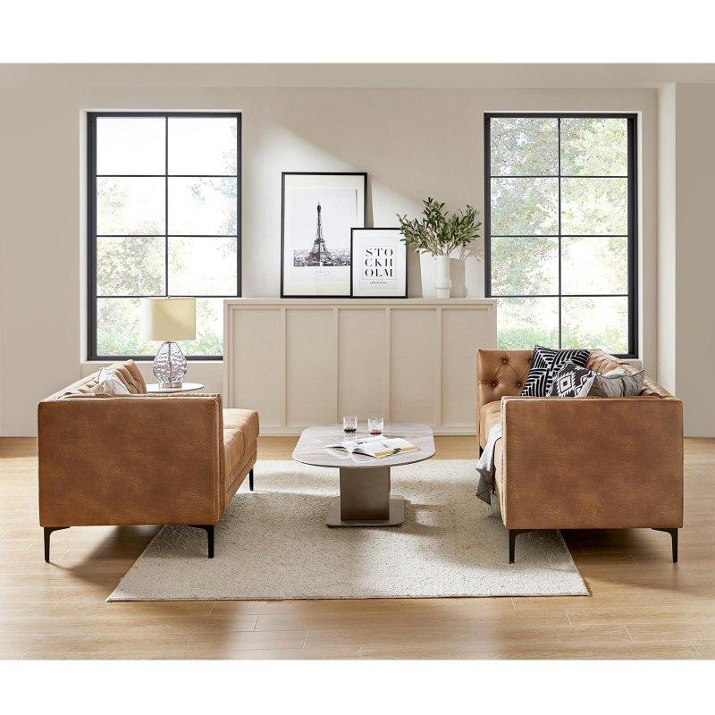 Kahverengi Suni Deri Metal Ayaklı Modüler Kapitoneli Köşe Koltuk - 229x229 cm - 259493