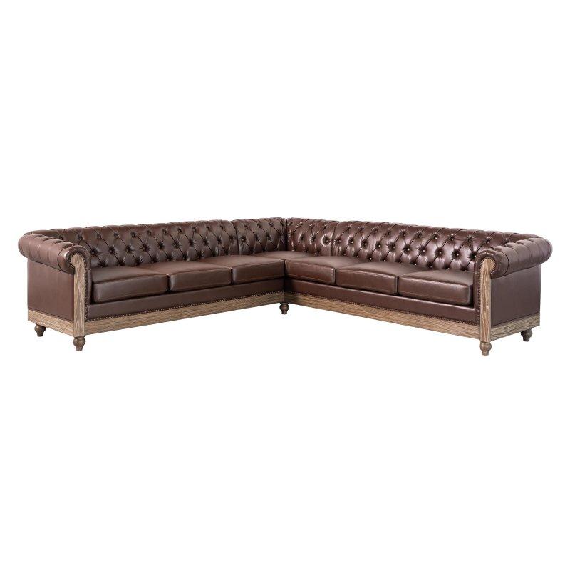 Kahverengi Suni Deri Metal Zımba Detaylı Kapitoneli Köşe Koltuk - 265x265 cm - 260645