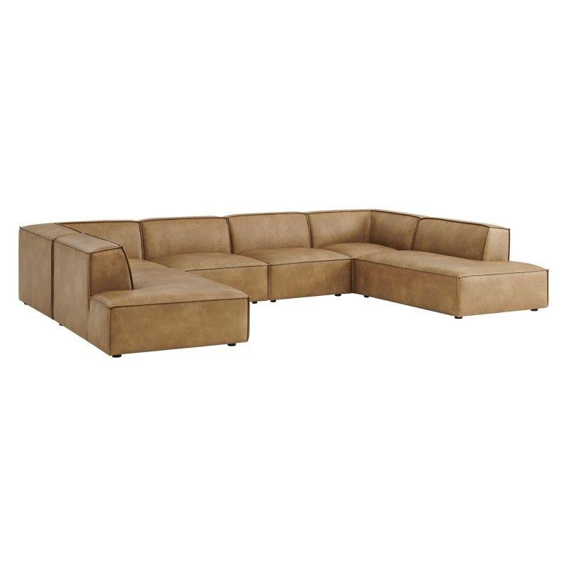 Kahverengi Suni Deri Modüler 6 Parça U Şekilli Köşe Koltuk Takımı - 384x246 cm - 260637