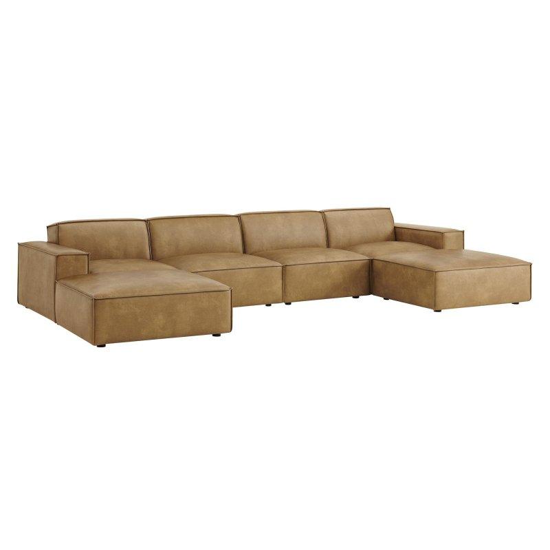 Kahverengi Suni Deri Modüler U Şeklinde 6 Parça Köşe Koltuk Takımı - 390x192 cm - 258988