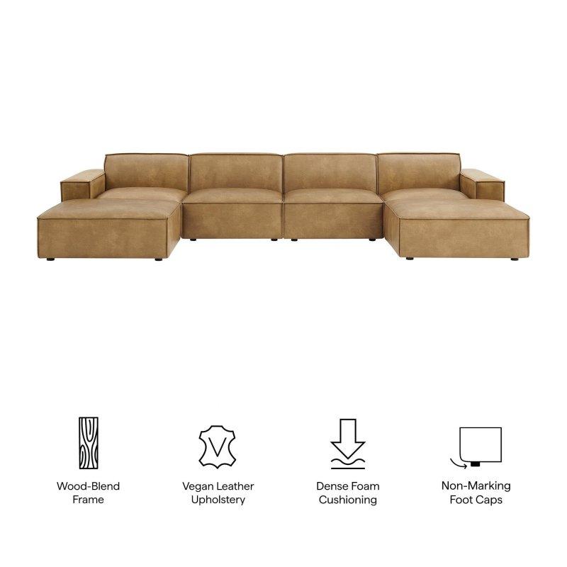 Kahverengi Suni Deri Modüler U Şeklinde 6 Parça Köşe Koltuk Takımı - 390x192 cm - 258988