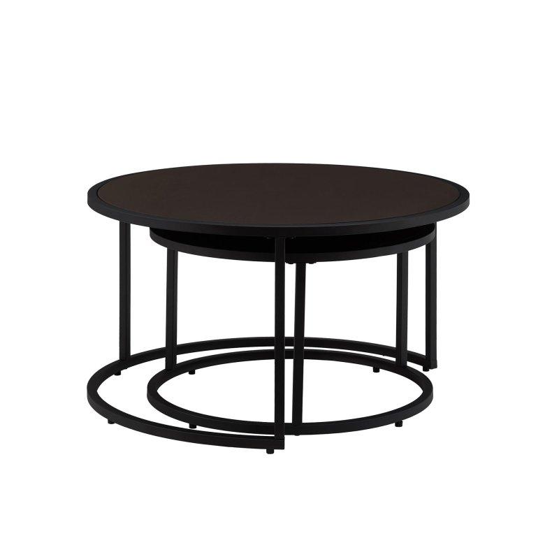 Kahverengi Suni Deri ve Metal İç İçe Geçen İkili Set Yuvarlak Orta Sehpa - 81x46 cm - 241002