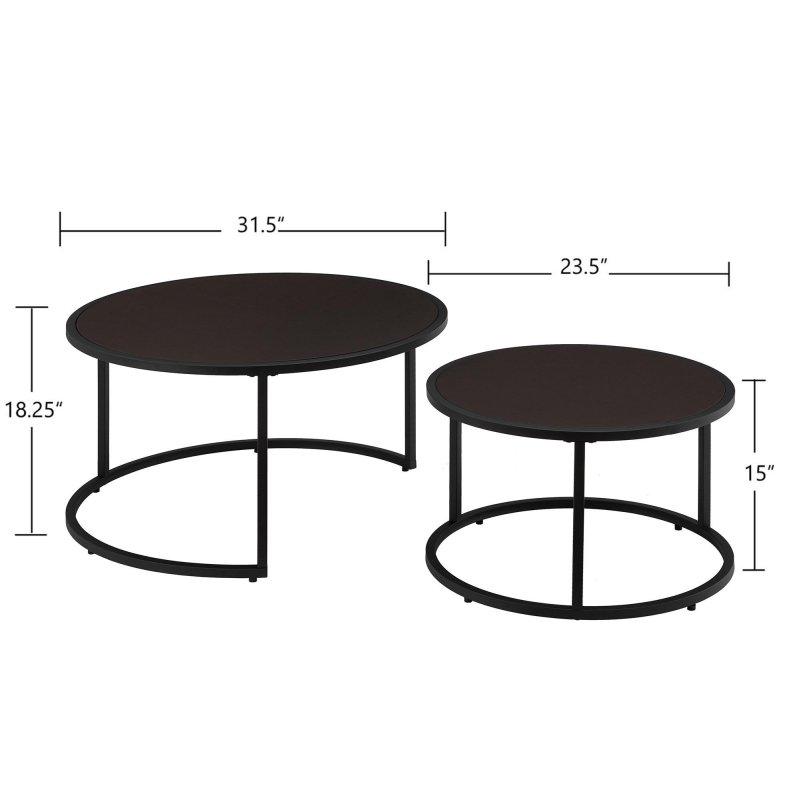 Kahverengi Suni Deri ve Metal İç İçe Geçen İkili Set Yuvarlak Orta Sehpa - 81x46 cm - 241002