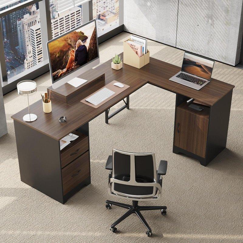 Kahverengi Sunta Çekmeceli Dolaplı ve Monitör Standlı L Tipi Ofis Masası - 161x120 cm - 326630
