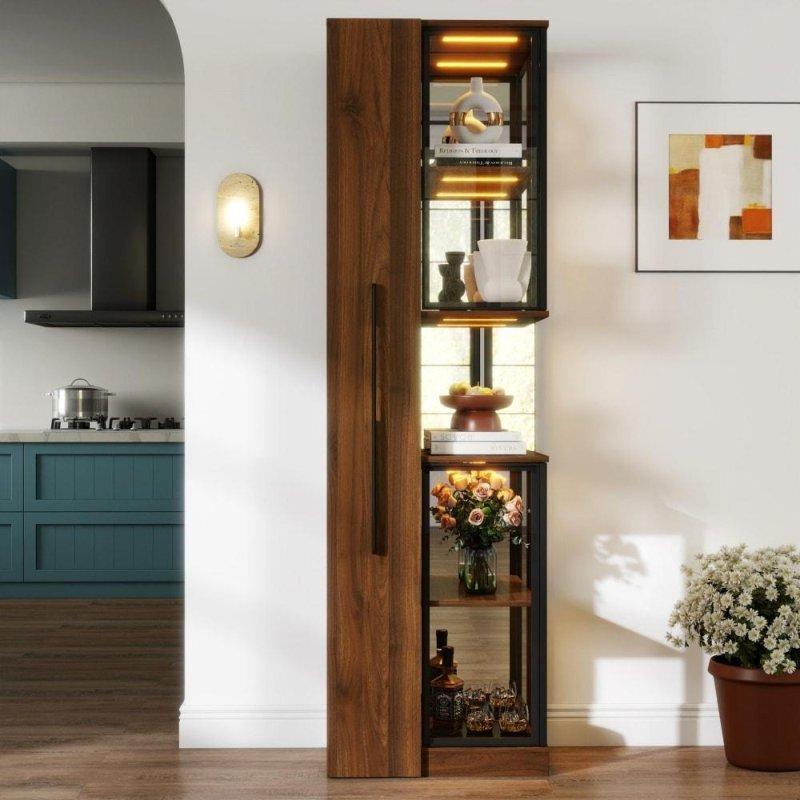 Kahverengi Suntalam ve MDF LED Işıklı Cam Kapaklı Kitaplık - 179x50x33 cm - 314896