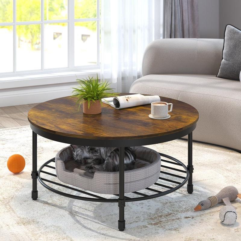 Kahverengi Tablalı Siyah Çelik Ayaklı Raflı Yuvarlak Orta Sehpa - 90 cm - 245602
