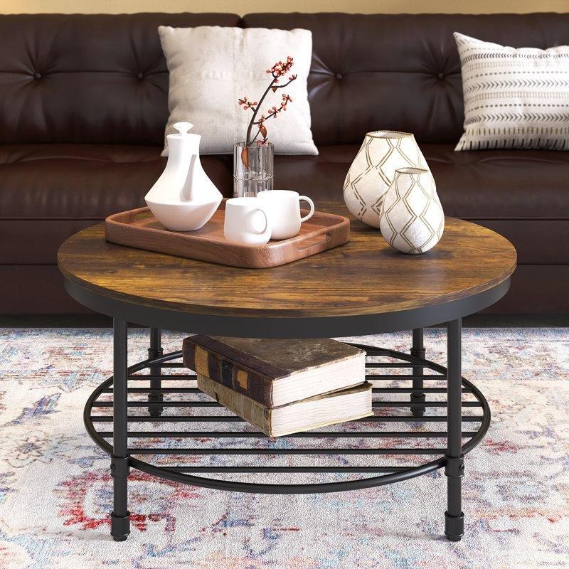 Kahverengi Tablalı Siyah Çelik Ayaklı Raflı Yuvarlak Orta Sehpa - 90 cm - 245602