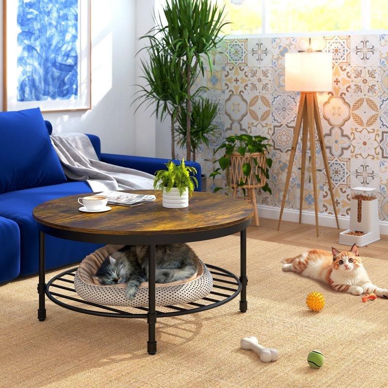 Kahverengi Tablalı Siyah Çelik Ayaklı Raflı Yuvarlak Orta Sehpa - 90 cm - 245602