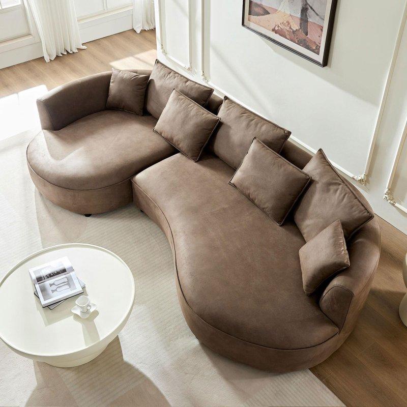 Kahverengi Tekno Kumaş Kavisli Uzanmalı Köşe Koltuk - 327x162x67 cm - 257613