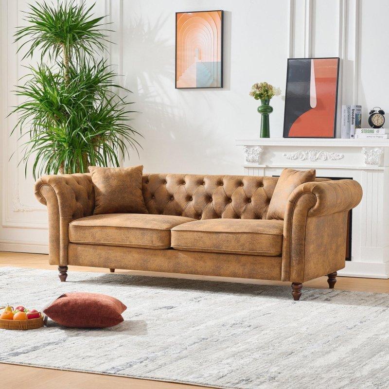 Kahverengi Teknolojik Kumaş Kapitoneli 3 Kişilik Chesterfield Bohem Koltuk - 205 cm - 292919
