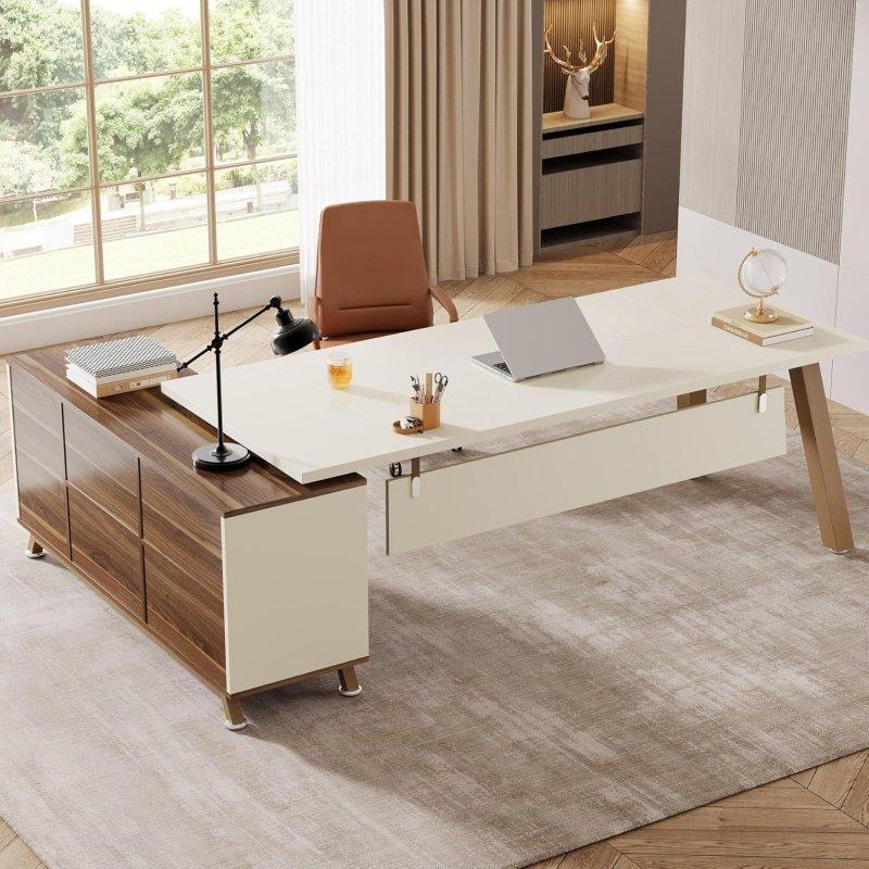 Kahverengi ve Bej MDF Metal L Tipi Dolaplı Ofis Masası - 180 cm - 326898