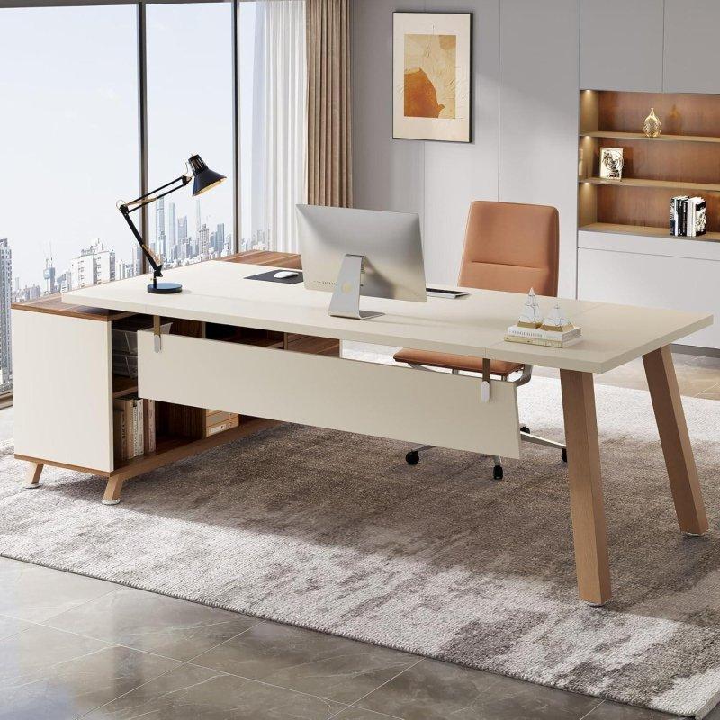 Kahverengi ve Bej MDF Metal L Tipi Dolaplı Ofis Masası - 180 cm - 326898