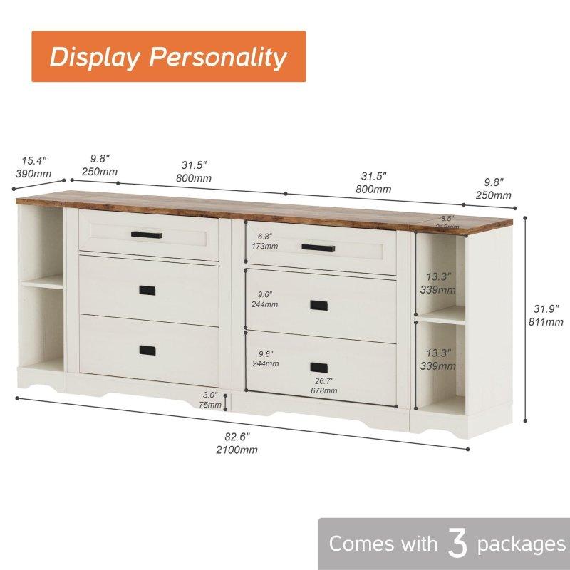 Kahverengi ve Beyaz Ahşap 6 Çekmeceli Açık Raflı Şifonyer - 211 cm - 305947