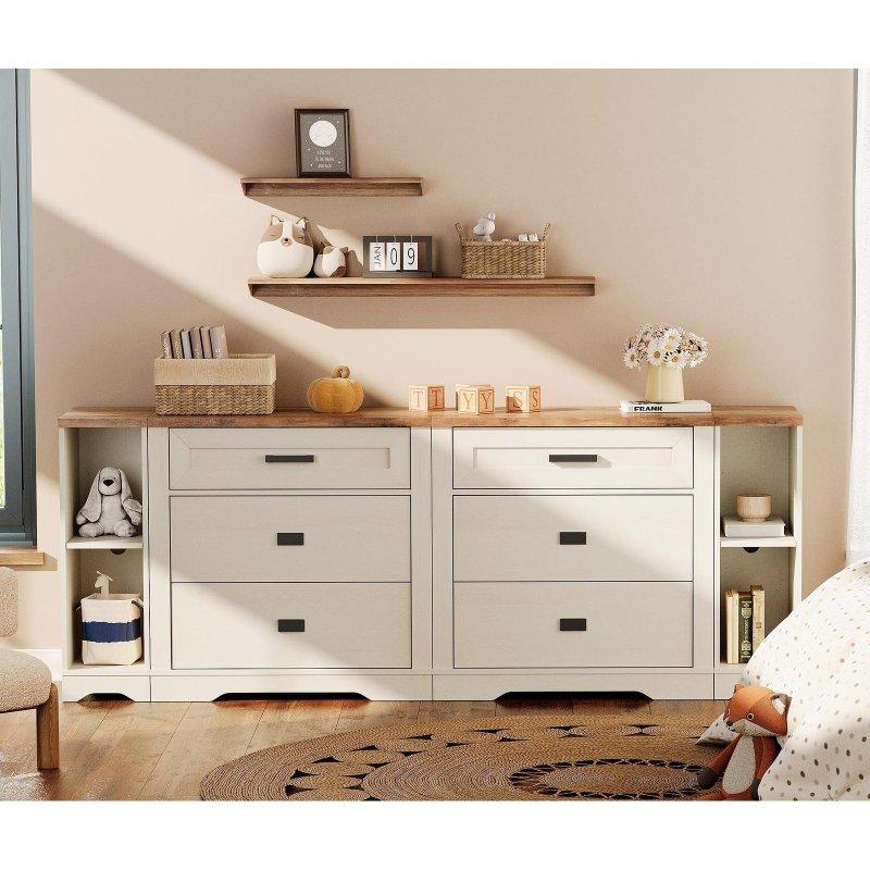 Kahverengi ve Beyaz Ahşap 6 Çekmeceli Açık Raflı Şifonyer - 211 cm - 305947