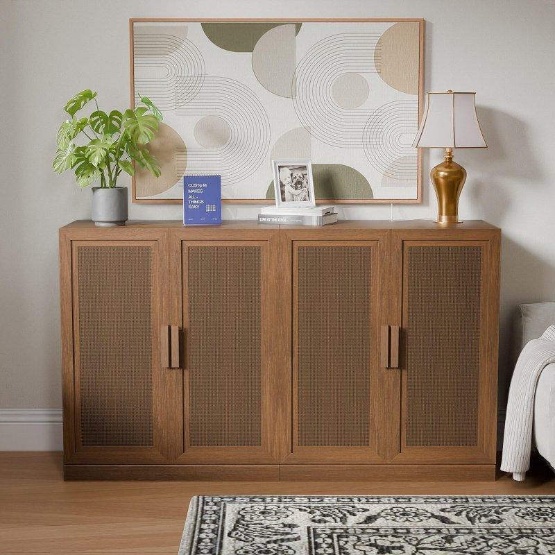 Kahverengi ve Beyaz Ahşap Ayarlanabilir Raflı Rattan Kapaklı Bohem Konsol - 237 cm - 324922