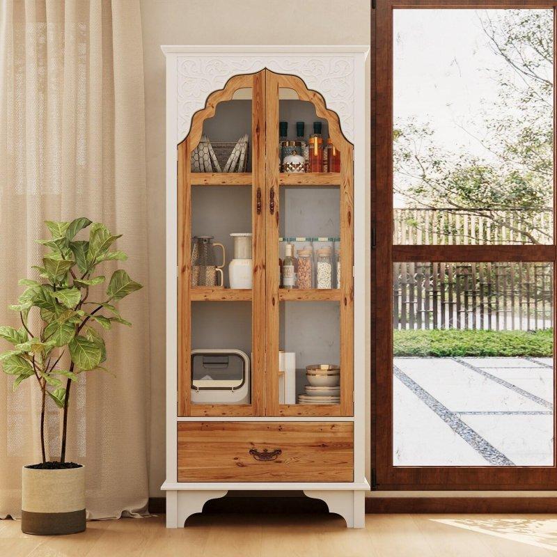 Kahverengi ve Beyaz Ahşap Çekmeceli Çok Amaçlı Cam Kapaklı Kitaplık - 81x40x181 cm - 238892