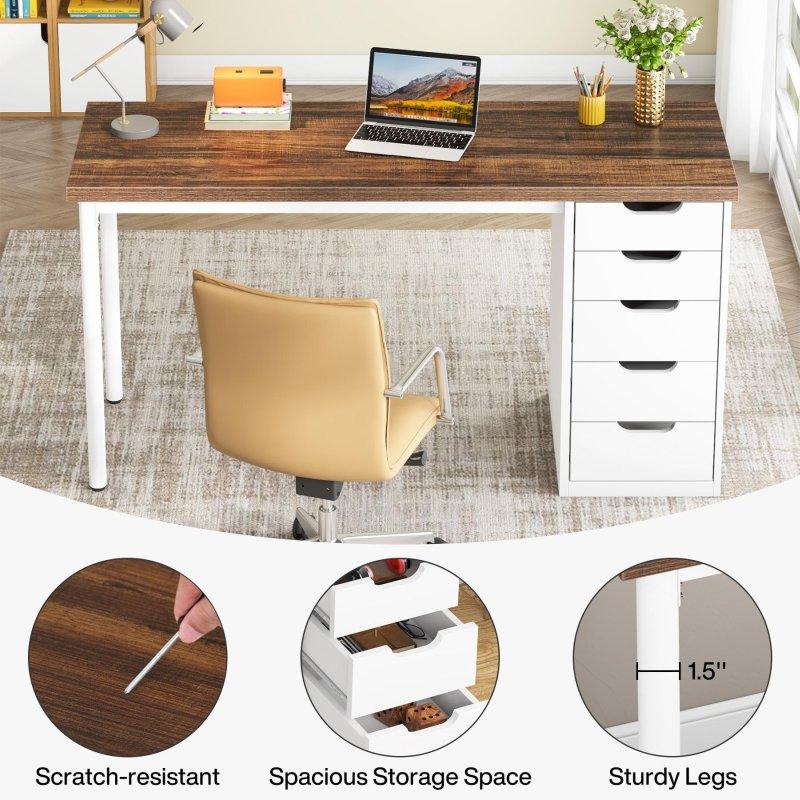 Kahverengi ve Beyaz Ahşap Metal 5 Çekmeceli Ofis Masası - 120 cm - 328247