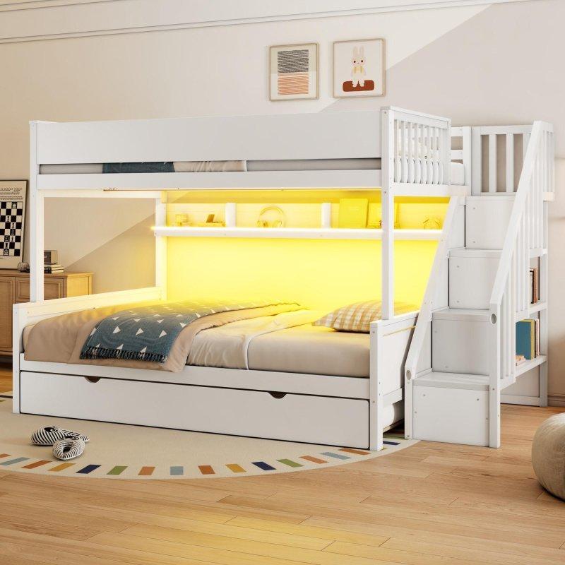 Kahverengi ve Beyaz Masif Ahşap Yavru Yataklı Depolamalı Merdivenli LED Işıklı Ranza - 250x262x166 cm - 249141