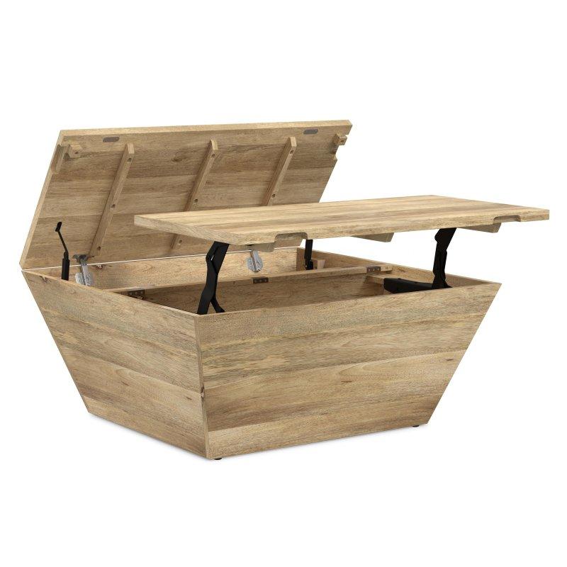 Kahverengi ve Beyaz Masif Mango Ahşap Çift Yükselen Tablalı Saklama Alanlı Akıllı Sehpa - 92x92 cm - 253789