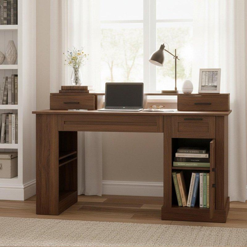 Kahverengi ve Beyaz MDF Ahır Kapısı Tasarımlı Dolaplı Monitör Standlı Ofis Masası - 140 cm - 326931