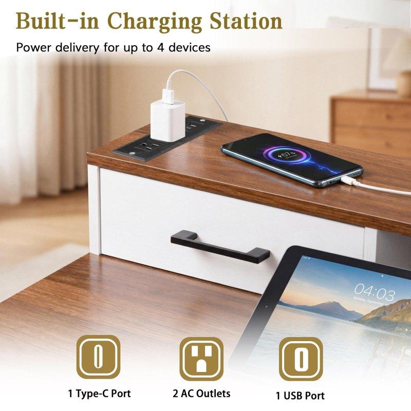 Kahverengi ve Beyaz MDF Ahır Kapısı Tasarımlı Şarj İstasyonlu ve Monitör Standlı Ofis Masası - 140 cm - 327065
