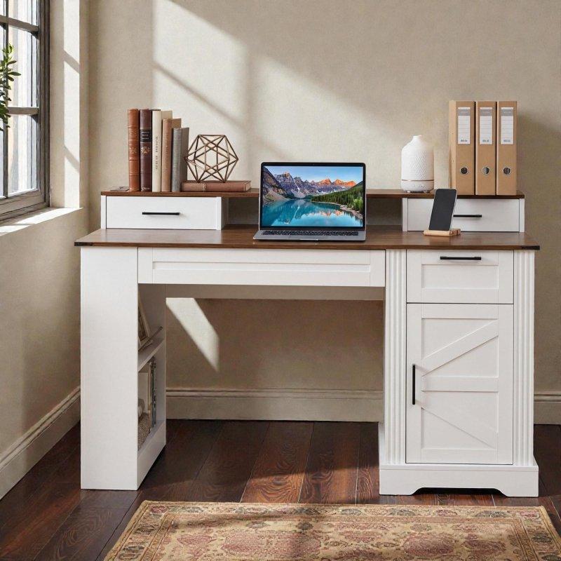 Kahverengi ve Beyaz MDF Ahır Kapısı Tasarımlı Şarj İstasyonlu ve Monitör Standlı Ofis Masası - 140 cm - 327065 Kahverengi ve Beyaz MDF Ahır Kapısı Tasarımlı Şarj İstasyonlu ve Monitör Standlı Ofis Masası - 140 cm - 327065