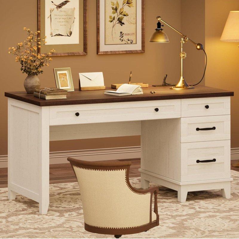 Kahverengi ve Beyaz MDF Ahşap Prizli Çekmeceli Ofis Masası - 136 cm - 328092
