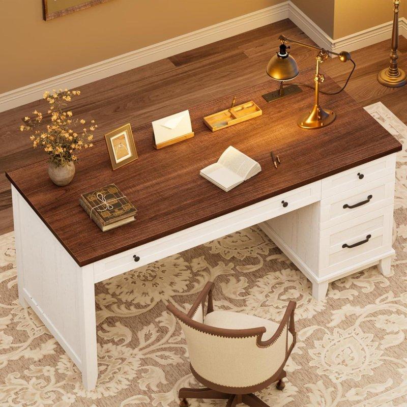 Kahverengi ve Beyaz MDF Ahşap Prizli Çekmeceli Ofis Masası - 136 cm - 328092