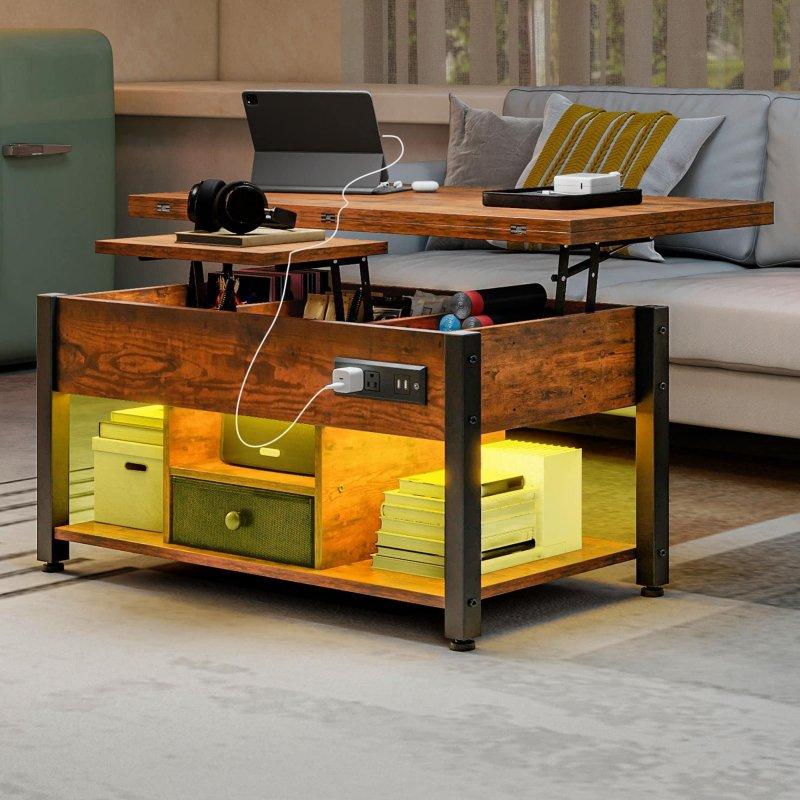 Kahverengi ve Beyaz MDF Asansörlü RGB Aydınlatmalı Şarj İstasyonlu Akıllı Sehpa - 90x48x46 cm - 253646
