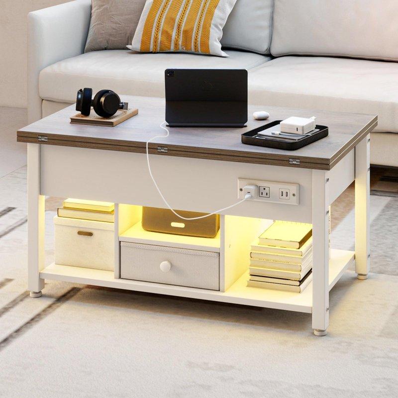 Kahverengi ve Beyaz MDF Asansörlü RGB Aydınlatmalı Şarj İstasyonlu Akıllı Sehpa - 90x48x46 cm - 253646