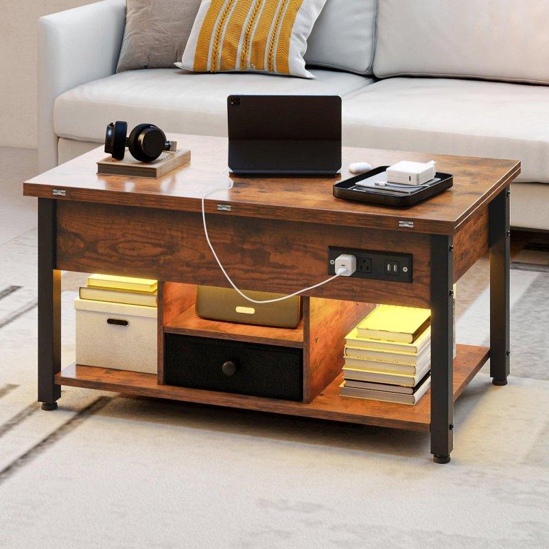 Kahverengi ve Beyaz MDF Asansörlü RGB Aydınlatmalı Şarj İstasyonlu Akıllı Sehpa - 90x48x46 cm - 253646
