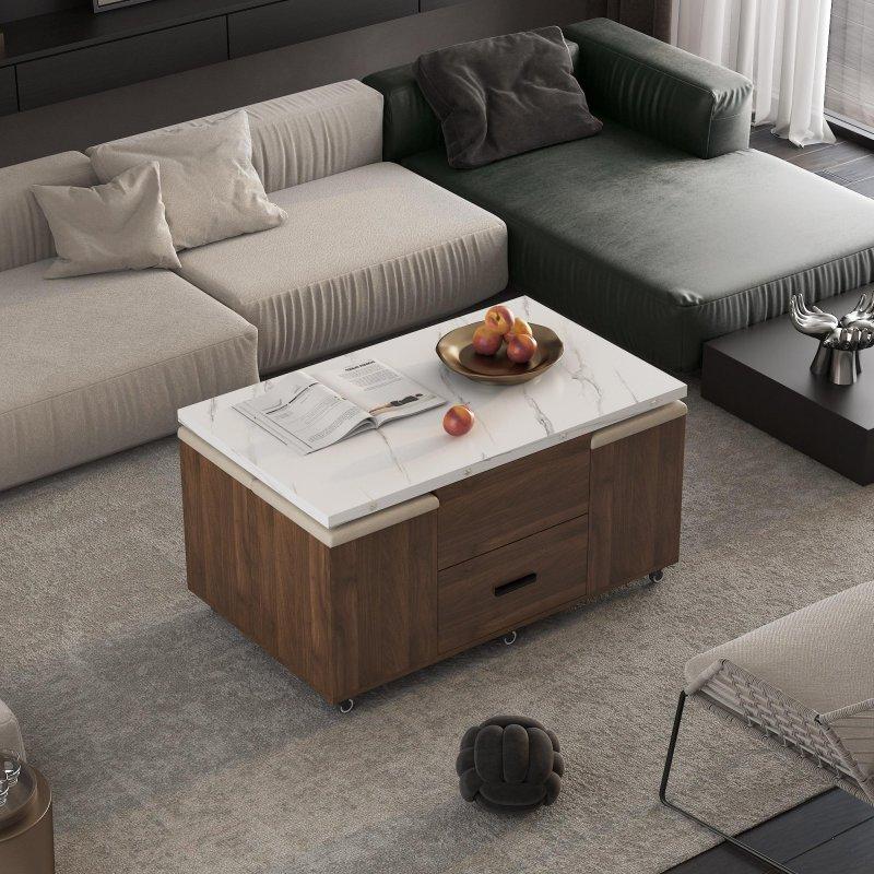 Kahverengi ve Beyaz MDF Çift Mekanizmalı ve 4 Saklama Alanlı Puflu Akıllı Sehpa - 100x60 cm - 254068