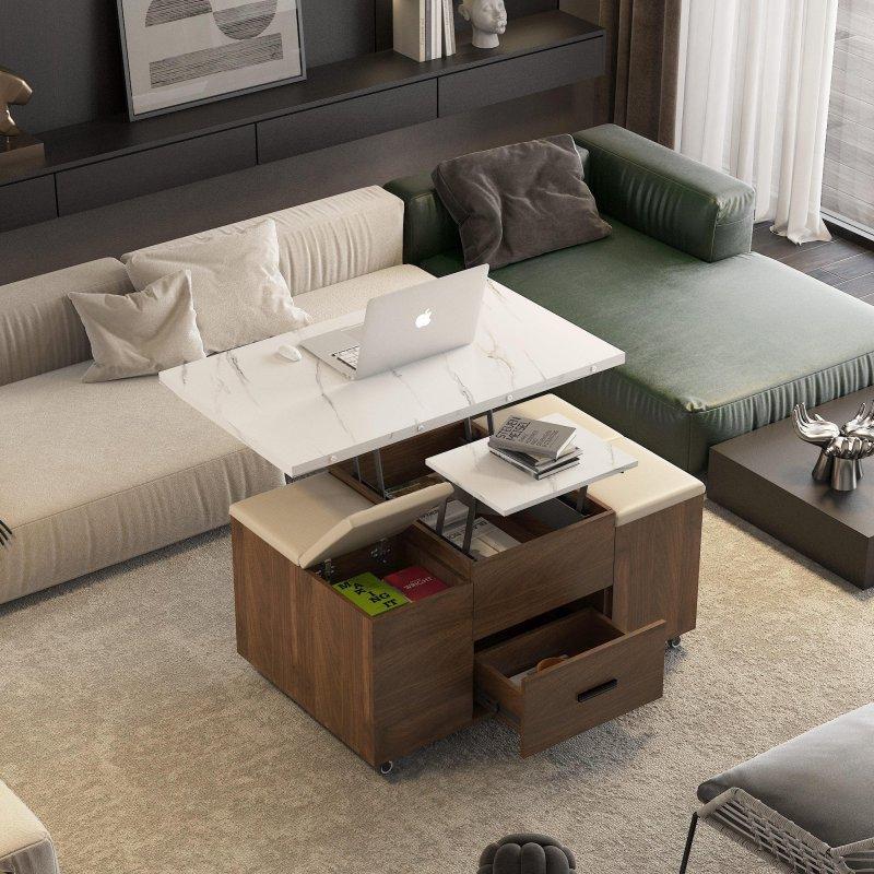 Kahverengi ve Beyaz MDF Çift Mekanizmalı ve 4 Saklama Alanlı Puflu Akıllı Sehpa - 100x60 cm - 254068