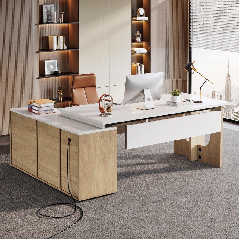 Kahverengi ve Beyaz MDF Dolaplı L Tipi Ofis Masası - 191x140 cm - 326950