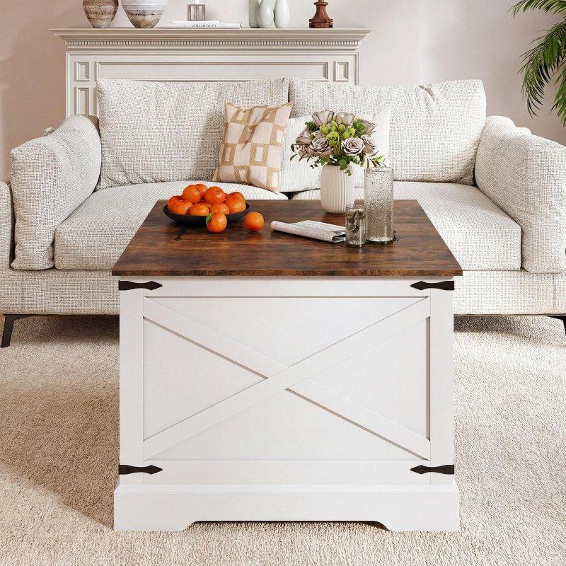 Kahverengi ve Beyaz MDF Gizli Bölmeli Yükseltilebilir Akıllı Sehpa - 81x81 cm - 254112