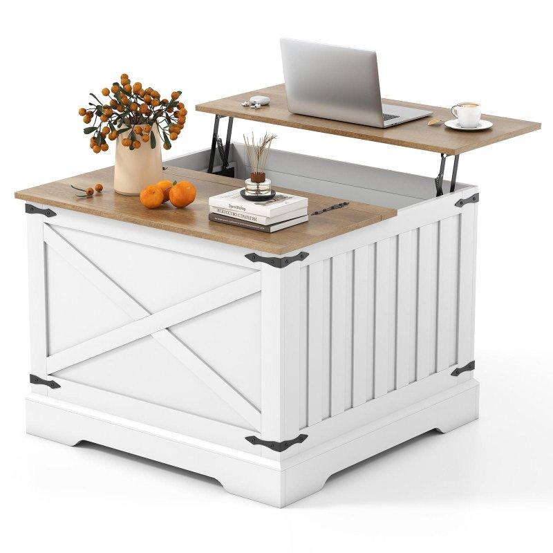 Kahverengi ve Beyaz MDF Gizli Bölmeli Yükseltilebilir Akıllı Sehpa - 81x81 cm - 254112
