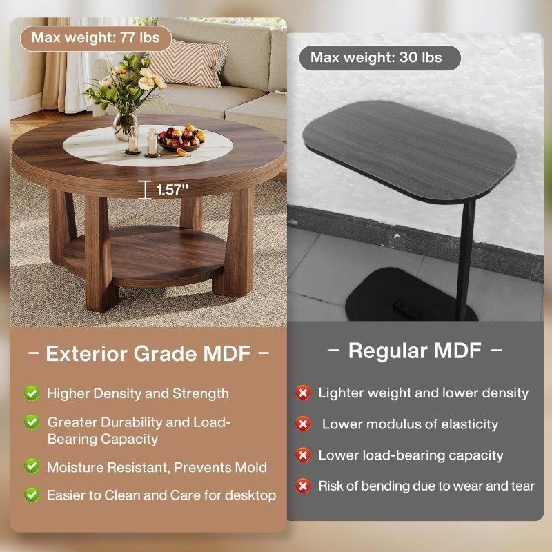 Kahverengi ve Beyaz MDF İki Katlı Endüstriyel Yuvarlak Orta Sehpa - 81x46 cm - 242692