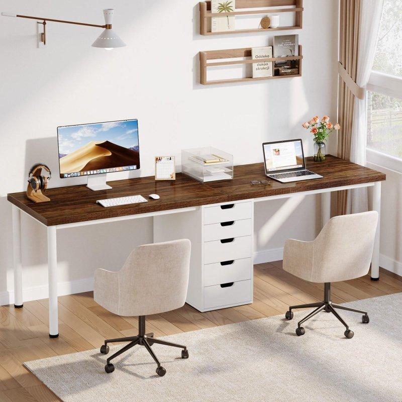 Kahverengi ve Beyaz MDF Metal Ayaklı 5 Çekmeceli İki Kişilik Ofis Masası - 200 cm - 326285