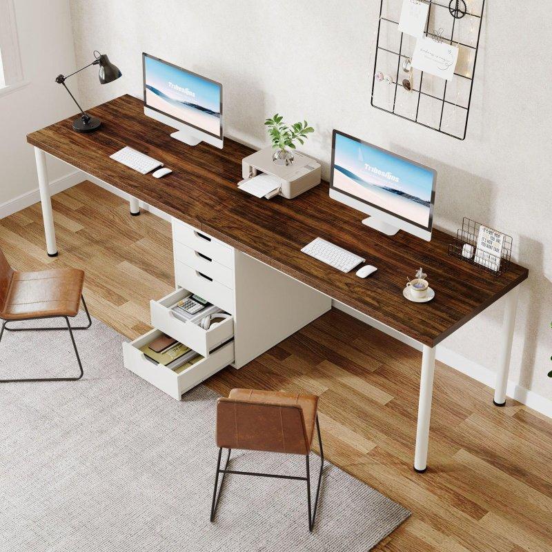 Kahverengi ve Beyaz MDF Metal Ayaklı 5 Çekmeceli İki Kişilik Ofis Masası - 200 cm - 326285