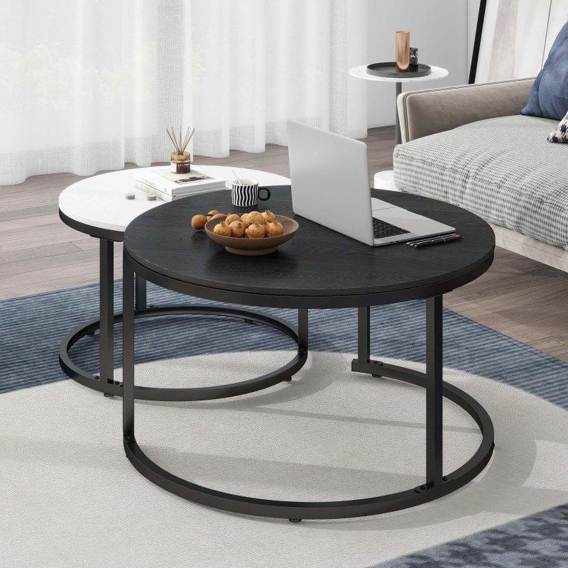 Kahverengi ve Beyaz MDF Metal İç İçe Geçebilen 2li Set Yuvarlak Orta Sehpa - 87 cm - 242434