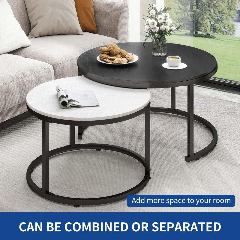 Kahverengi ve Beyaz MDF Metal İç İçe Geçebilen 2li Set Yuvarlak Orta Sehpa - 87 cm - 242434