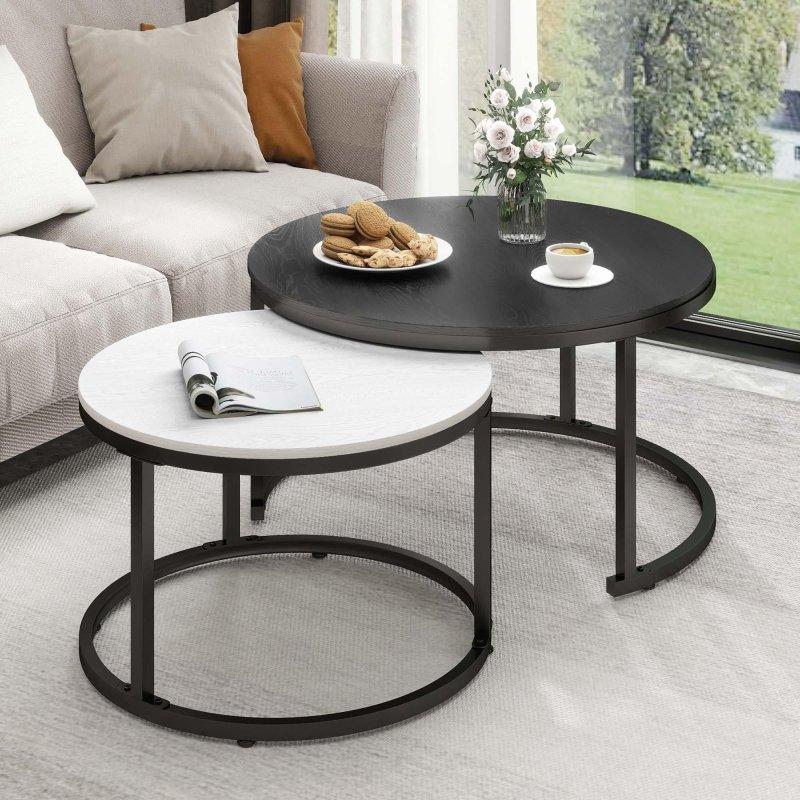 Kahverengi ve Beyaz MDF Metal İç İçe Geçebilen 2li Set Yuvarlak Orta Sehpa - 87 cm - 242434