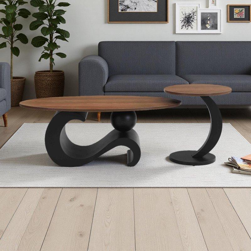 Kahverengi ve Beyaz MDF ve Metal İkili Zigon Oval ve Yuvarlak Orta Sehpa Seti - 240950