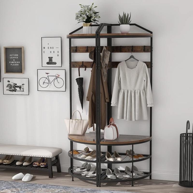 Kahverengi ve Beyaz Metal Ahşap Köşe Oturma Banklı 10 Askılı Şifonyer - 182x51x51 cm - 296773