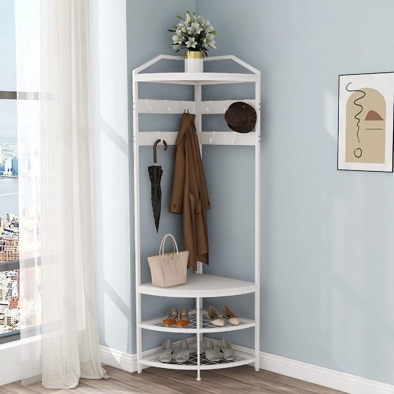 Kahverengi ve Beyaz Metal Ahşap Köşe Oturma Banklı 10 Askılı Şifonyer - 182x51x51 cm - 296773