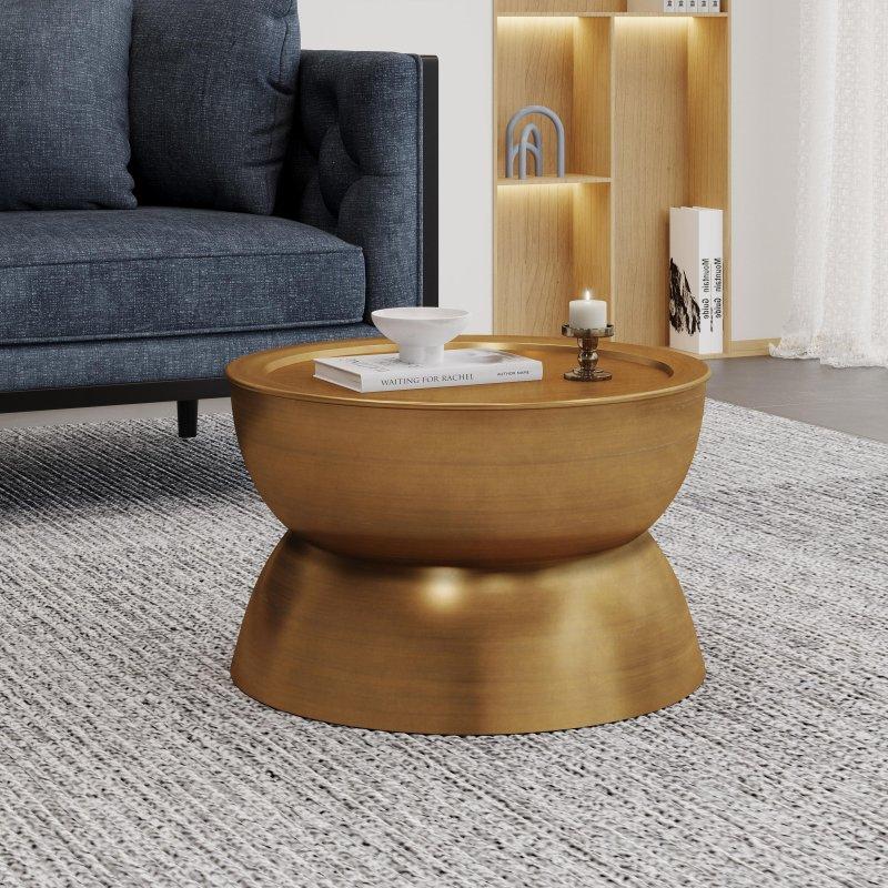 Kahverengi ve Gold MDF Tablalı Demir Kaide Ayaklı Yuvarlak Orta Sehpa - 63x39 cm - 239618