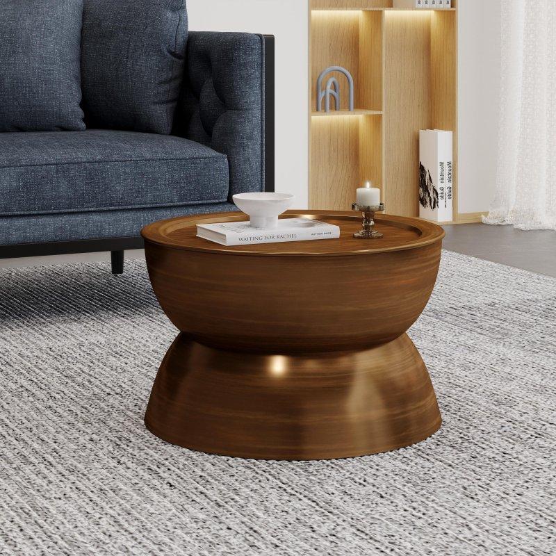Kahverengi ve Gold MDF Tablalı Demir Kaide Ayaklı Yuvarlak Orta Sehpa - 63x39 cm - 239618