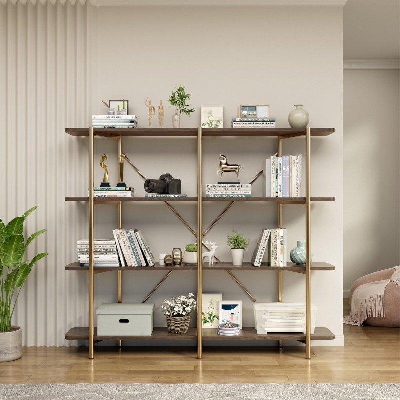 Kahverengi ve Gold Metal Çerçeveli 4 Raflı MDF Kitaplık - 190x160x35 cm - 319475