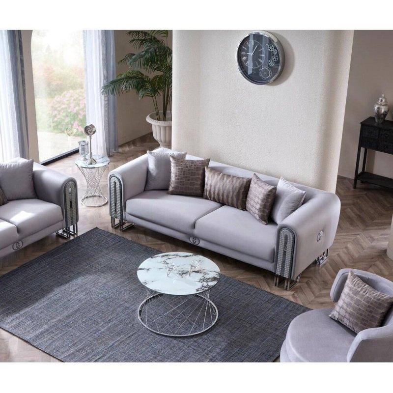 Kahverengi ve Gri Kadife Ahşap Detaylı Metal Ayaklı Bohem Koltuk - 239x100 cm - 285895