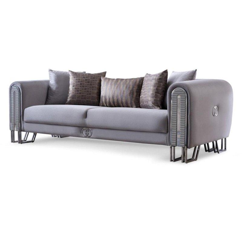 Kahverengi ve Gri Kadife Ahşap Detaylı Metal Ayaklı Bohem Koltuk - 239x100 cm - 285895